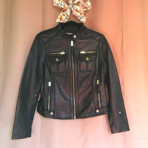 Michael Kors Womens Genuine Leather Zip Moto Jacket Coat Black w/ Gold Sz M